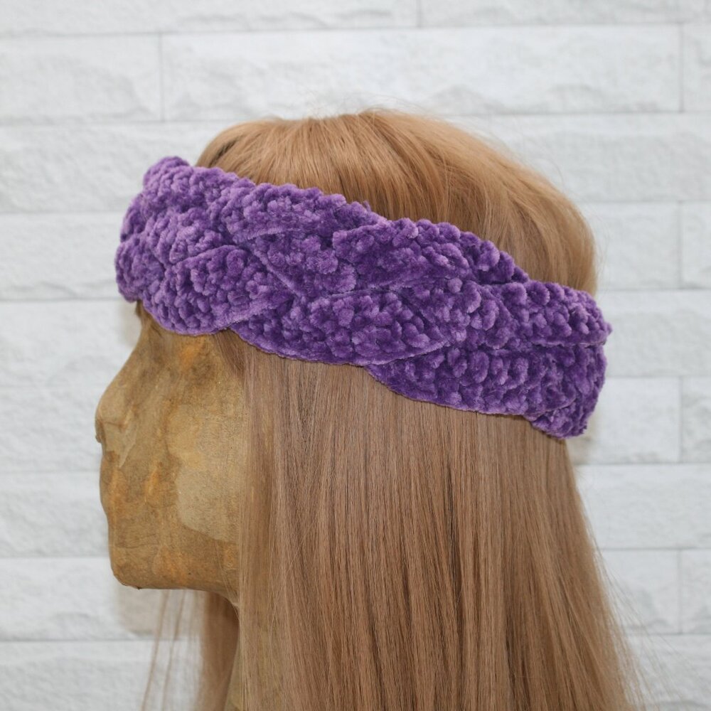 HAND CRAFTED Crochet Braided Earwarmer Head Band Wide Chenille Velvet Purple